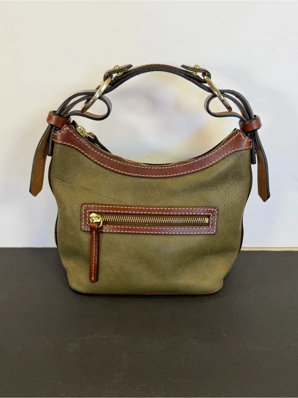 Vintage Dooney & Bourke All Weather Leather Olive Satchel Brown Trim Bag